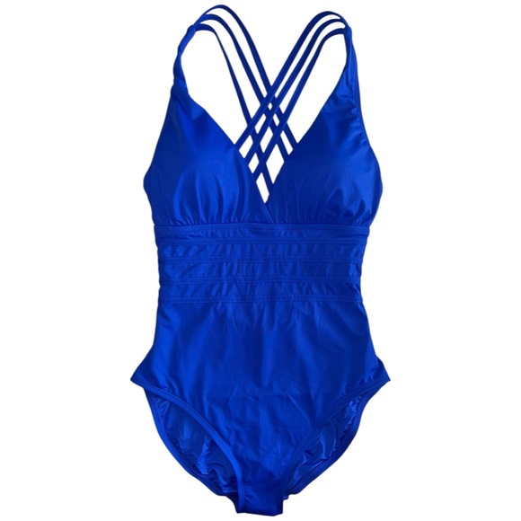 NWT La Blanca Blue Tummy Control Island Goddess Cross-Back One Piece Swimsuit - Picture 2 of 12